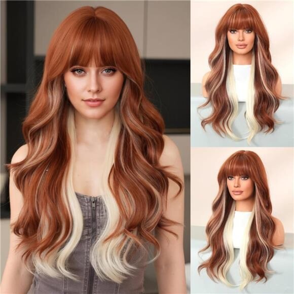 WIGS Long Wavy Ginger Orange Wig with Bangs 28inch Orange Ombre Heat